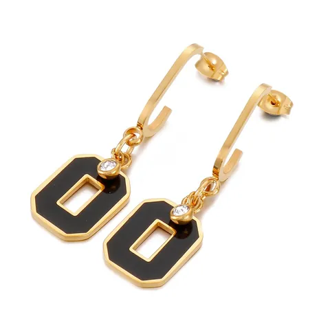 Boucles D Oreilles Pendantes Rectangulaires En Acier Inoxydable Émail Noir Plaqué Or Zircon Minimaliste Élégant Bijoux
