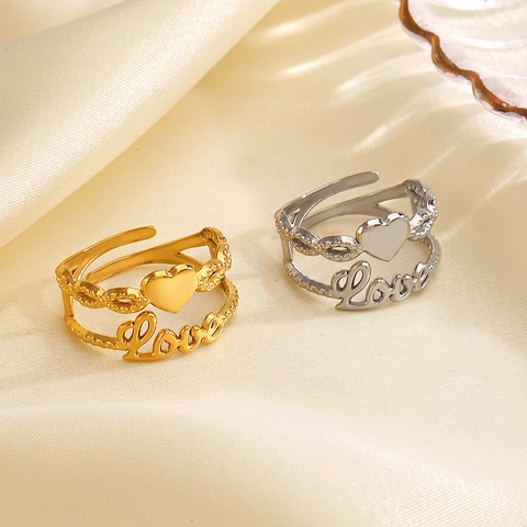 Western Fashion Stainless Steel Adjustable Heart Love Letter Ring Gold Silver Color Double Layer Open Finger Ring For Women