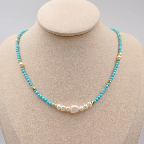 Turquoise And Freshwater Pearl Necklace And Bracelet Women Retro Baroque Style Titanium Steel Jewelry Accessory