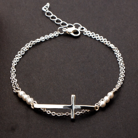 Bracciale Doppio Strato Minimalista Con Ciondolo Croce In Rame E Perla D'acqua Dolce Gioielli Di Moda Eleganti Da Donna