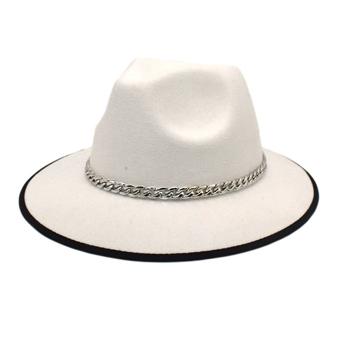 Chapeau Fedora À Bord Large En Feutre De Laine Avec Décoration De Chaîne En Métal Bordure Contrastée Style Jazz Unisexe