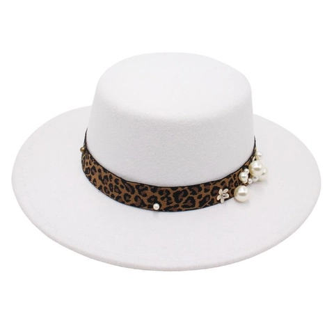 Cappello Boater Retrò Francese Da Donna In Feltro Di Lana Tesa Larga Con Fascia Leopardata E Decorazione Di Künstliche Perle Elegante