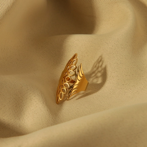 Anello Aperto in Acciaio Inossidabile Vintage a Foglia Cava per Donna Placcato Oro 18K Design Regolabile Anello Retrò Botanico