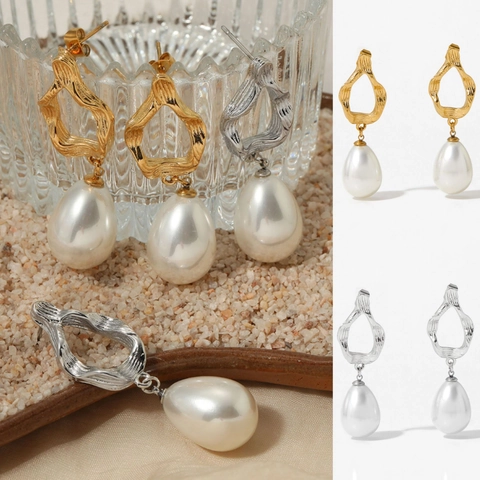 Edelstahl Wassertropfen Künstliche Perle Hängeohrringe Unregelmäßige Metallstruktur Wasserdicht Barock Vintage Chic Schmuck Für Damen