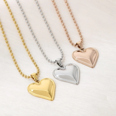 Collier Pendentif Coeur Acier Inoxydable Forme Amour 3D Puffy Chaîne À Billes Minimaliste Bijoux Pour Femmes