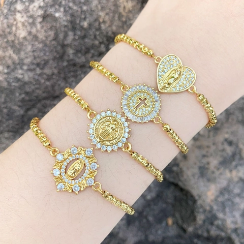Bracciale Regolabile Vergine Maria Croce Rame Placcato Oro Zircone Gioielli Medaglia Religiosa Per Donne
