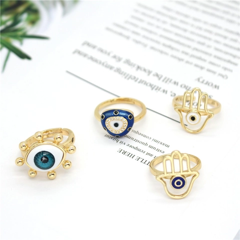 Vintage Vergoldeter Kupfer Emaille Ring Mit Bösem Blick Und Hamsa Hand Verstellbarer Offener Ring Für Damen Schmuck