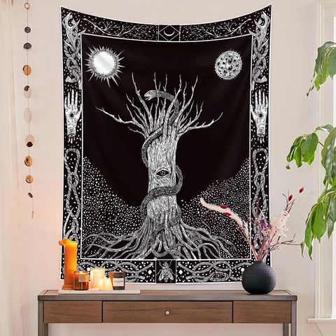 Mystical Tapestry Polyester Wall Hanging Tree Of Life Snake Sun Moon Occult Aesthetic Room Decor Gothic Art