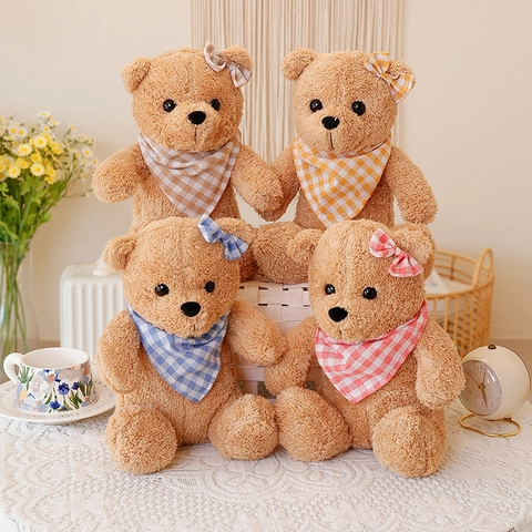 Cute Teddy Bear Plush Toy Soft Cotton Plaid Bandana Scarf Bow Decor Stuffed Animal Sitting Doll Kids Birthday Gift Home