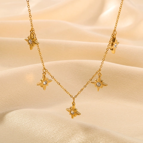 Eight Pointed Star Anhänger Halskette 18K Vergoldet Edelstahl Strass Zierliche Schlüsselbeinkette Schmuck Für Damen