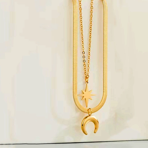Roestvrij Stalen Dubbellaagse Halsketting Voor Dames Goud Vergulde Slangenketting Ster Maan Hanger Mode Sieraden Minimalistische Kettingen