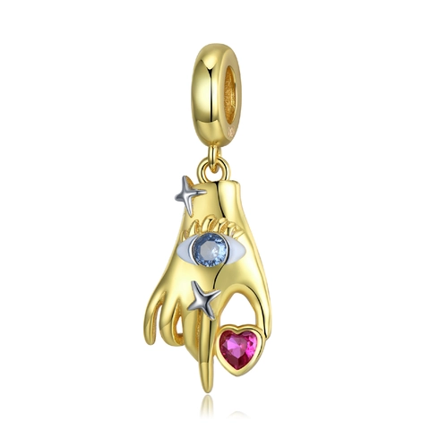 Ciondolo Mano Di Hamsa Malocchio Argento Sterling 925 Placcato Oro Zirconia Cuore Rosa Per Accessori Per Gioielli DIY