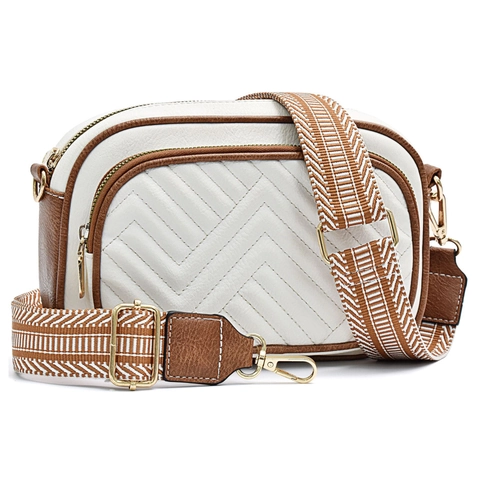 Women's PU Leather Crossbody Bag Quilted Chevron Shoulder Bag With Wide Woven Strap Casual Chic Handbag Daily Purse