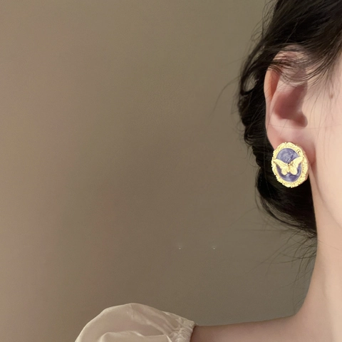 Retro Vlinder Oorknopjes Goud Legering Rond Paars Emaille Sieraden Met Zilveren Oorbellensteker Franse Paleisstijl Voor Dames