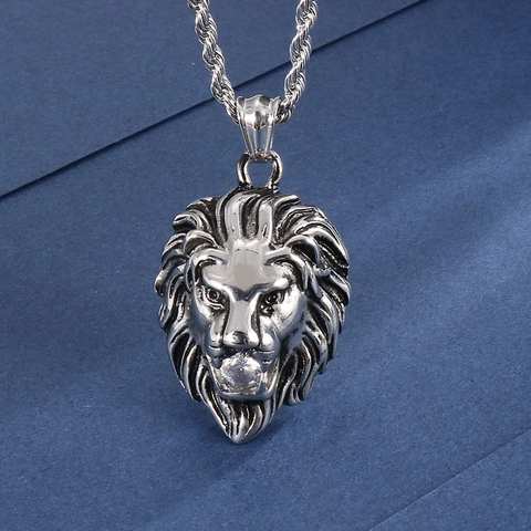 Lion Head Pendant Necklace Stainless Steel Hip Hop Iced Out Rhinestone Animal Jewelry For Men Streetwear