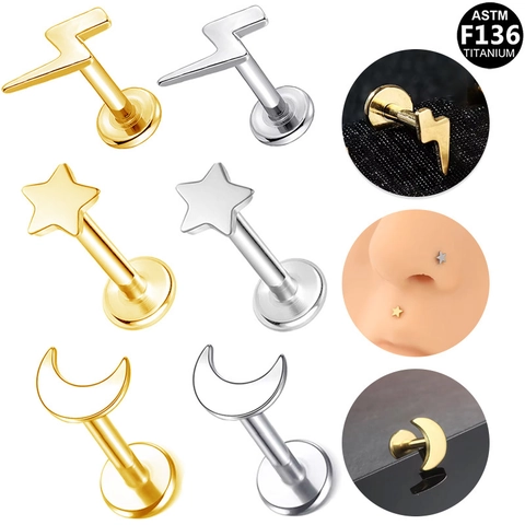 ASTM F136 Titanium Internal Thread Lip Stud Star Moon Lightning Piercing Studs Gold Silver Geometric Body Piercing Jewelry