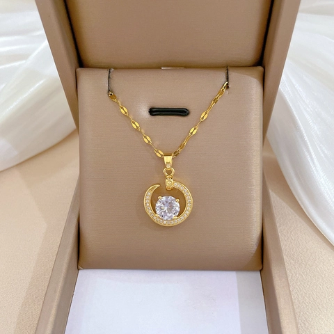 Collana Elegante Con Pendente Rotondo In Zircone Con Catena In Acciaio Inossidabile E Rame Micro Pavé Per Donna