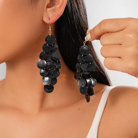 Pendientes Colgantes De Concha Borla Capas Redondas Geométricas Boho Declaración Para Mujeres Elegante Negro Oro