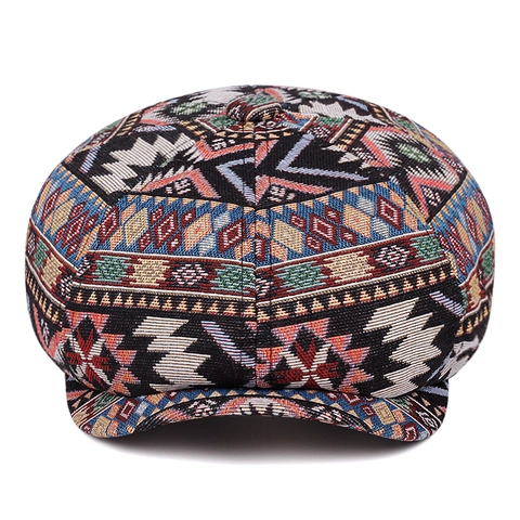 Women's Vintage Bohemian Newsboy Cap Geometric Jacquard Octagonal Hat With Leather Trim Ethnic Style Cotton Blend Retro Beret