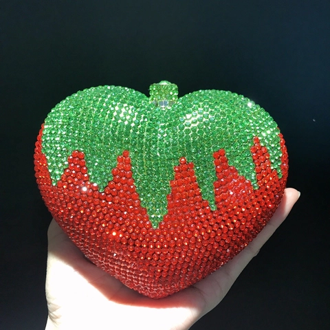 Strawberry Shaped Evening Bag Rhinestone Crystal Clutch Metal Chain Party Wedding Handbag For Women Red Green
