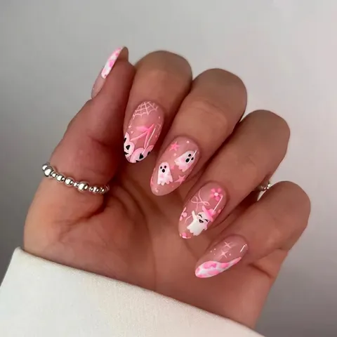Uñas Postizas ABS Rosa Blanco Halloween Patrón Fantasma Forma Almendra Dulce Genial Festival Decorativo Mujeres