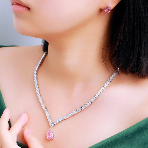 Set di Gioielli Coreani di Lusso in Rame con Zirconia Rosa a Forma di Pera Collana Orecchini per Donna Matrimonio Regalo