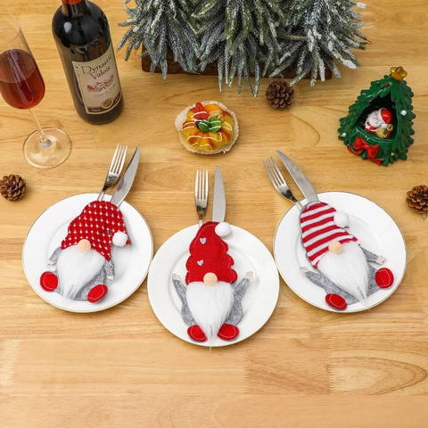Porte-Couverts Gnome de Noël Sac en Tissu Tricoté Pochette Argenterie Décoration de Table Fête Noël Porte-Couteau Fourchette Maison