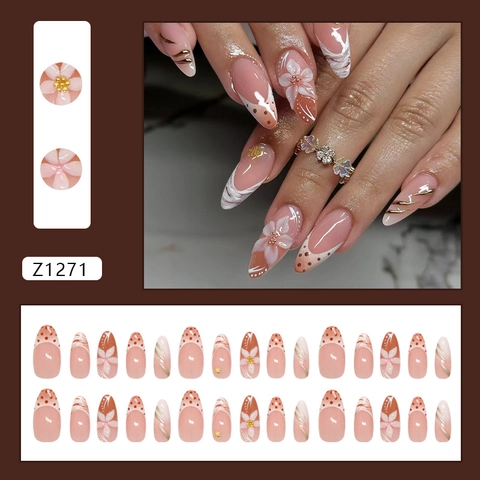 Unghie Finte Press On Eleganti Stile Francese Con Motivo Fiori 3D Stella Marina Pois Linee Dorate Unghie Artificiali ABS Donna