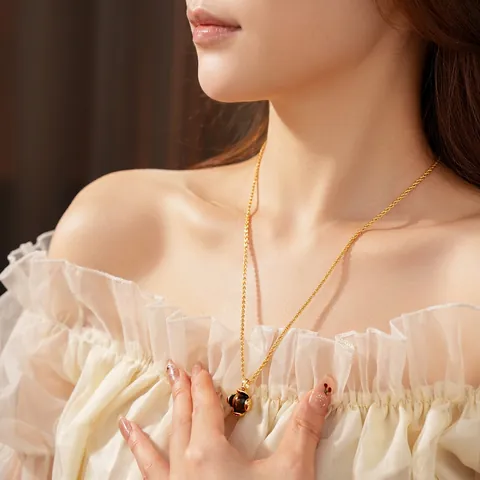 Retro Tiger Eye Stone Pendant Necklace Gold Plated Copper Twist Chain Vintage Jewelry Long Sweater Chain For Women