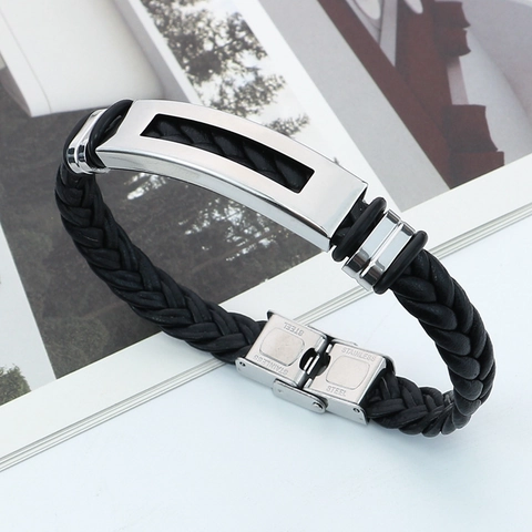 Geflochtenes Lederarmband Edelstahl Hohl Rechteckige Platte Punk Retro Schmuck Für Herren Unisex Schwarz Silber