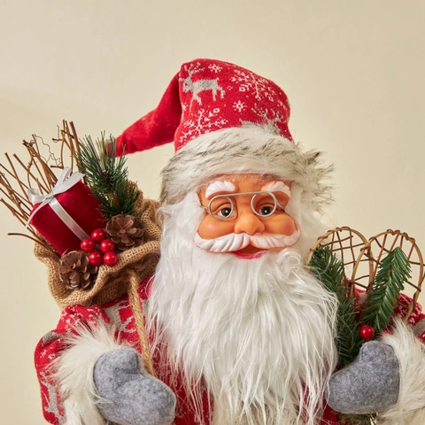 Figurine Père Noël Poupée Debout Ornement Pull En Tricot Renne Bordure En Fausse Fourrure Sac Cadeau Pour Décoration Noël