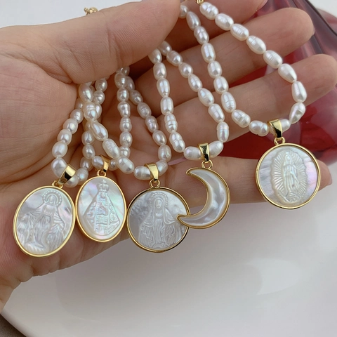 Freshwater Pearl Necklace With Religious Virgin Mary Mother Of Freshwater Pearl Pendant Vintage Copper Jewelry For Women