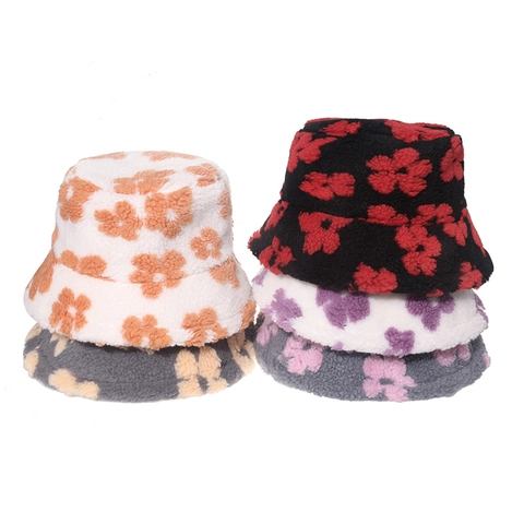 Sombrero De Pescador De Lana De Cordero Cálido Invierno Estampado Floral Estilo Coreano Cortavientos Forro Polar