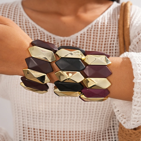 Geometrisches Breites Armband Acryl Legierung Unregelmäßige Diamant Block Elastisch Böhmisch Retro Statement Schmuck Damen