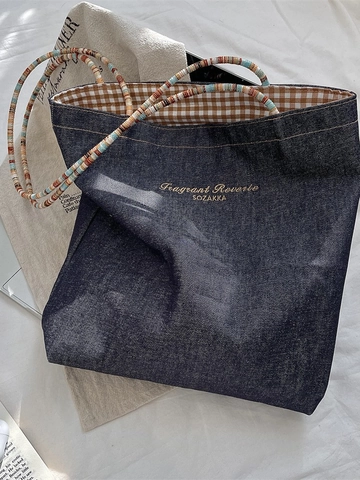 Retro Denim Canvas Tote Bag Reversible Checkered Lining Large Capacity Shoulder Bag Colorful Braided Straps For Women Commuting