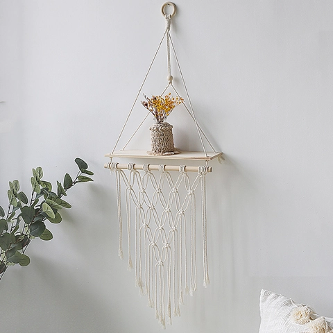 Bohemian Hand Woven Macrame Wall Hanging Shelf Cotton Rope Wood Floating Shelves Tassel Tapestry Home Decor Storage Organizer