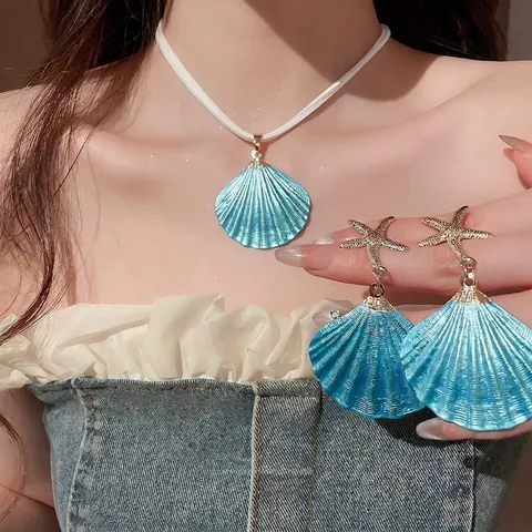 Collana Con Ciondolo A Conchiglia In Lega E Orecchini A Lobo Stella Marina Per Donna Stile Spiaggia Estiva Gioielli