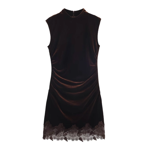 Abito Mini Senza Maniche In Velluto Con Bordo In Pizzo Collo Alto Arricciato Elegante Marrone Per Donne