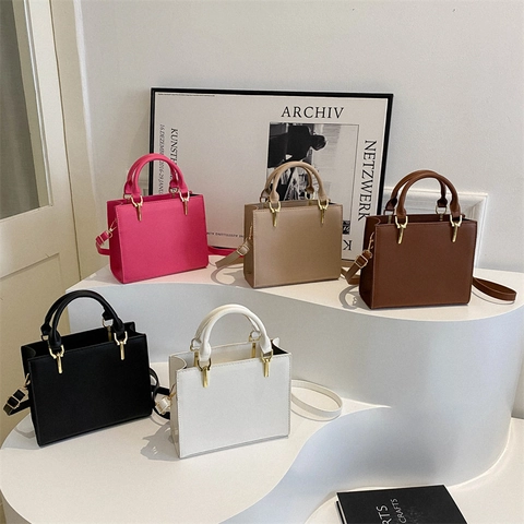Women Minimalist PU Leather Square Handbag With Gold Hardware Detachable Strap Crossbody Shoulder Bag For Office Daily