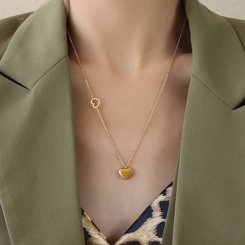 18K Gold Plated Stainless Steel Double Heart Pendant Necklace For Women Elegant French Style Fashion Heart Neck Jewelry Gift