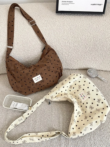 Women Corduroy Hobo Shoulder Bag With Heart And Bow Pattern Adjustable Strap Casual Crossbody Bag Large Capacity