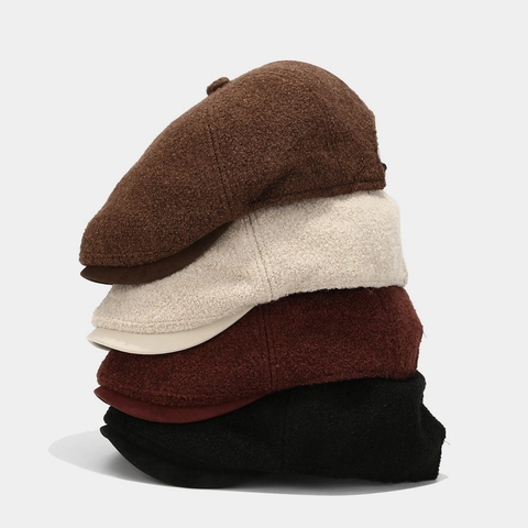 Retro Newsboy Cap Boucle Fabric Octagonal Hat British Style Adjustable Leather Strap Autumn Winter Men Women