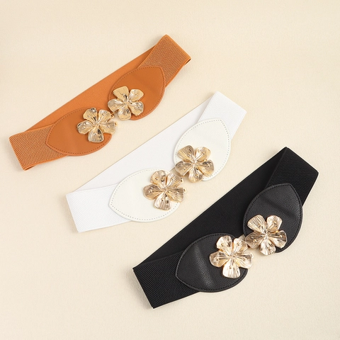 Women Fashion Elastic Corset Belt With Metal Flower Buckle Faux Leather Wide Waist Band Stretch Belt For Dresses Accessories