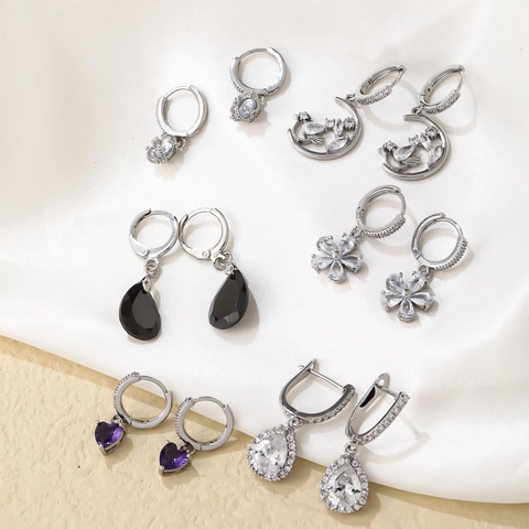 Kupfer Tropfen Creolen Mit Herz Blumen Mondform Zirkonia Strass Elegante Süße Schmuck Für Damen