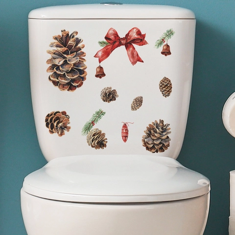 Christmas Toilet Sticker Removable PVC Watercolor Pinecone Red Bow Bell Bathroom Decoration Festive Wall Decal