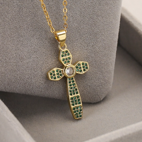 Collana Con Ciondolo A Croce Rame Placcato Oro Intarsio Di Zirconi Gioielli Di Moda Religiosa Regalo Per Donna