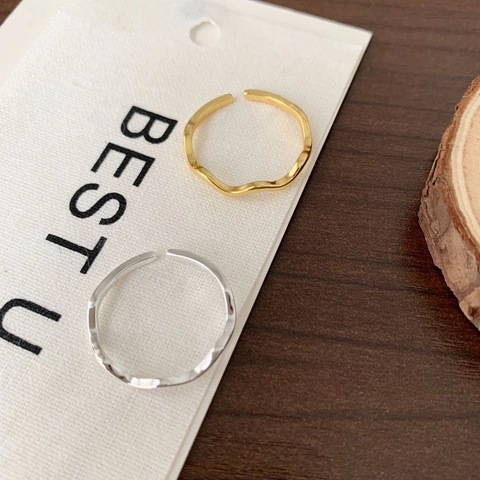 Anillo Abierto De Onda Minimalista Plata De Ley 925 Ajustable Textura Martillada Irregular Geométrica