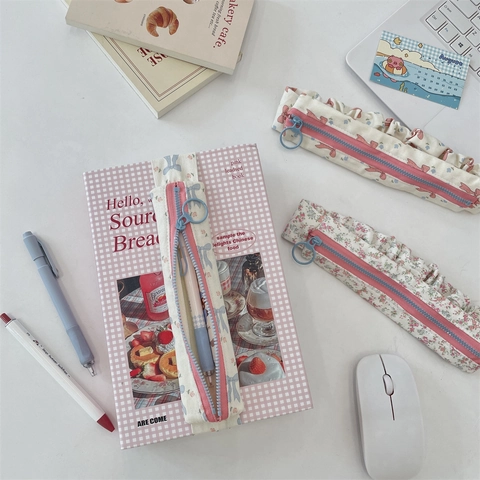Trousse À Crayons Imprimé Fleuri Polyester Bord À Volants Fermeture Éclair À Anneau Pochette Papeterie Pour Filles École Bureau