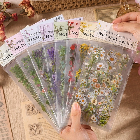 Vintage Floral PET Stickers Waterproof Transparent Flower Decals For Scrapbooking Journaling DIY Arts Crafts Natural Style