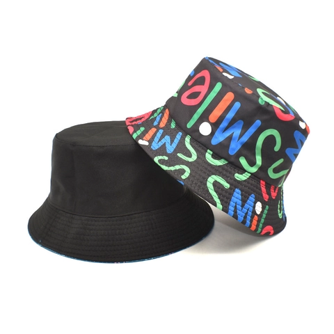 Unisex Wende Fischerhut Hip Hop Bunter SMILE Graffiti Druck Polyester Faltbarer Sonnenschutz Streetwear Sonnenhut